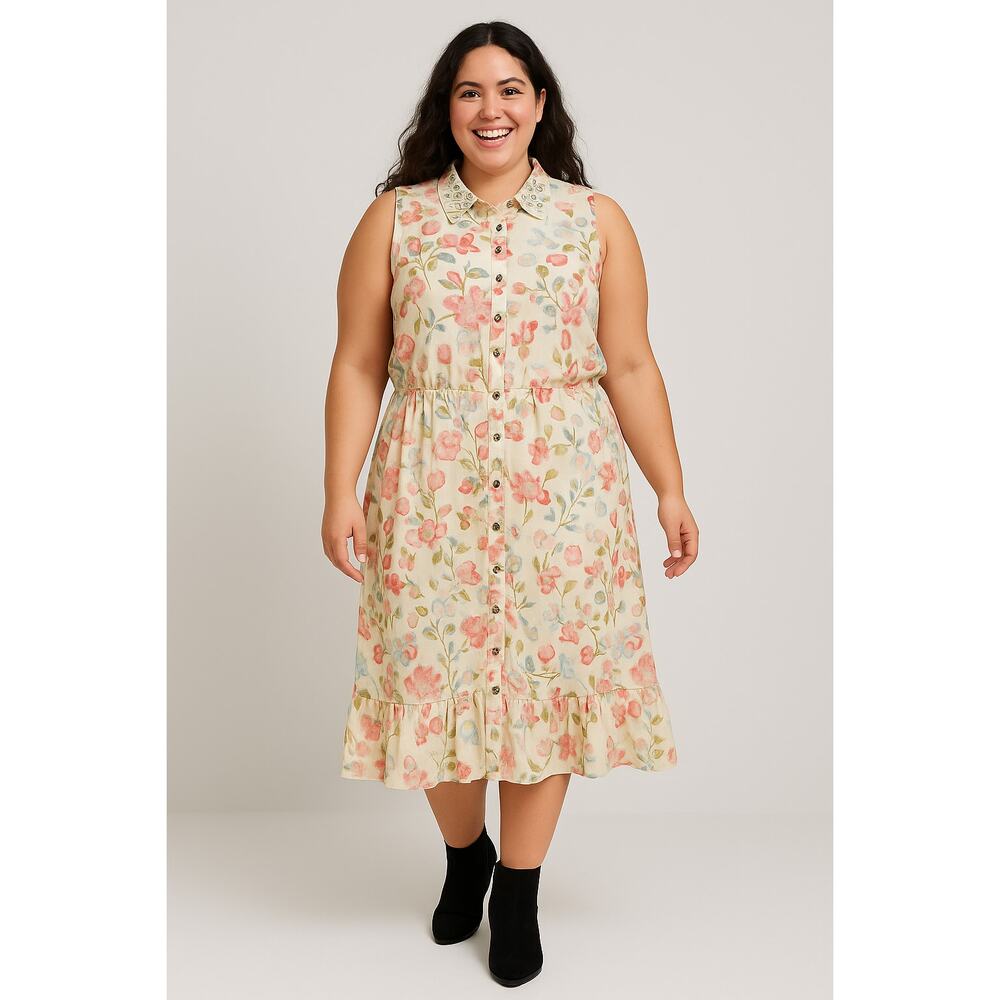 American Rag Cie Dress Women’s 1X Floral Sleeveless Button Front Ruffle Hem Boho